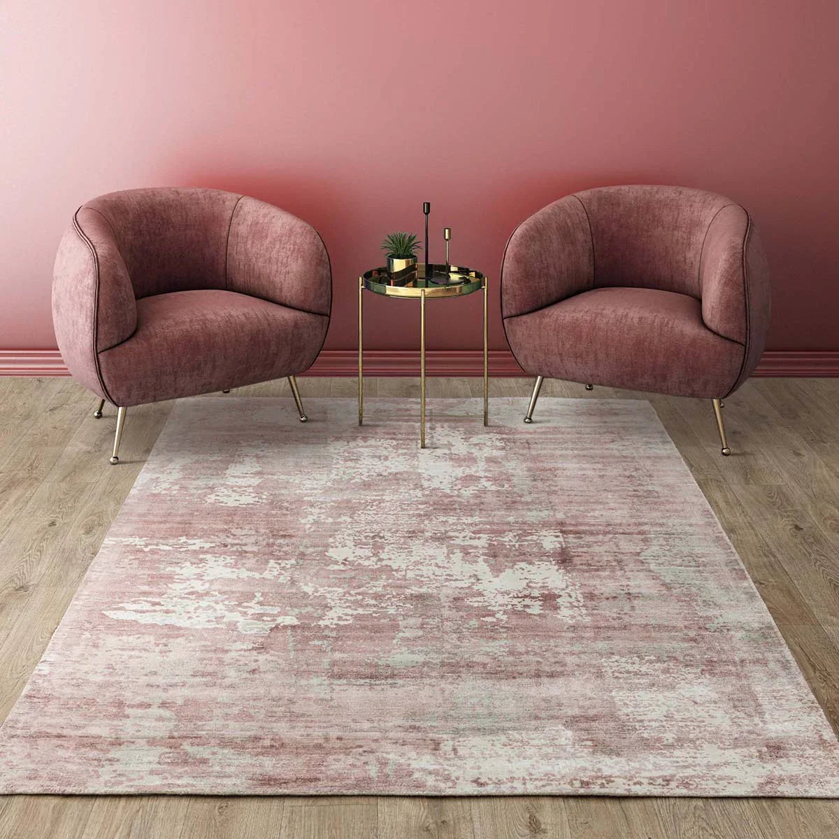 Asiatic Gatsby Blush Designer Rug featuring abstract distressed pattern in blush pink, dusty rose, ivory on soft blush background, hand-tufted wool