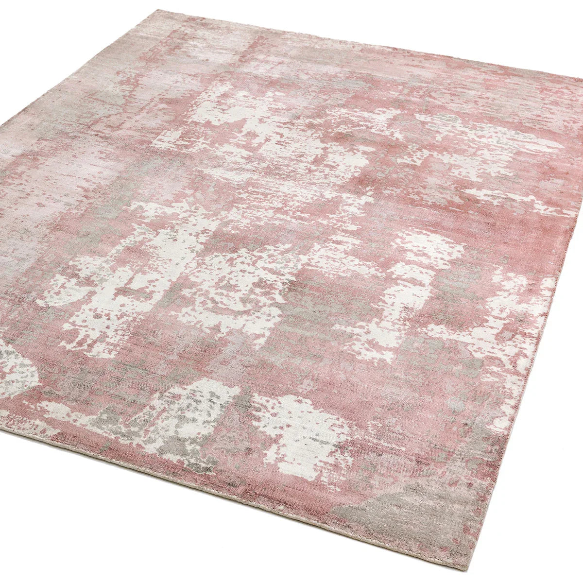 Asiatic Gatsby Blush Designer Rug featuring abstract distressed pattern in blush pink, ivory and grey on pale pink, hand-tufted wool