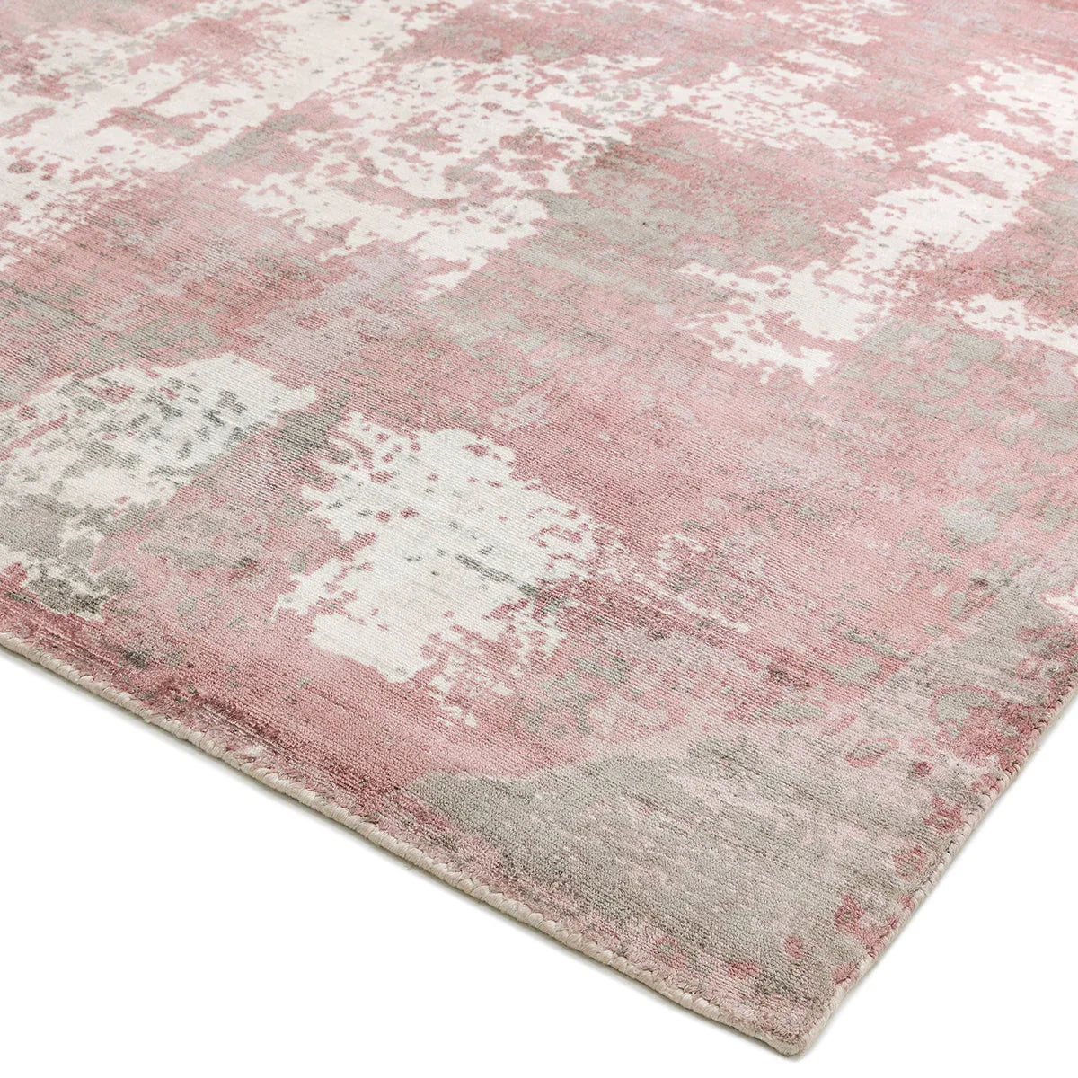 Asiatic Gatsby Blush Designer Rug featuring abstract pattern in blush pink, ivory and grey on pale pink background, machine-made polypropylene