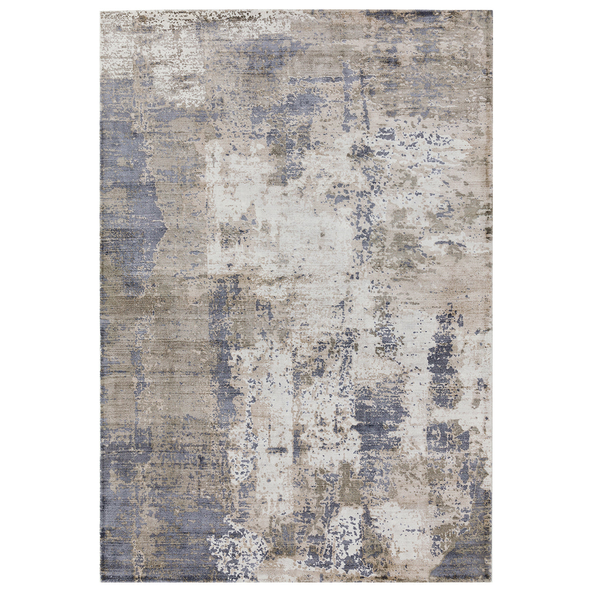 Abstract patterned rug with blue and beige colors on a white background