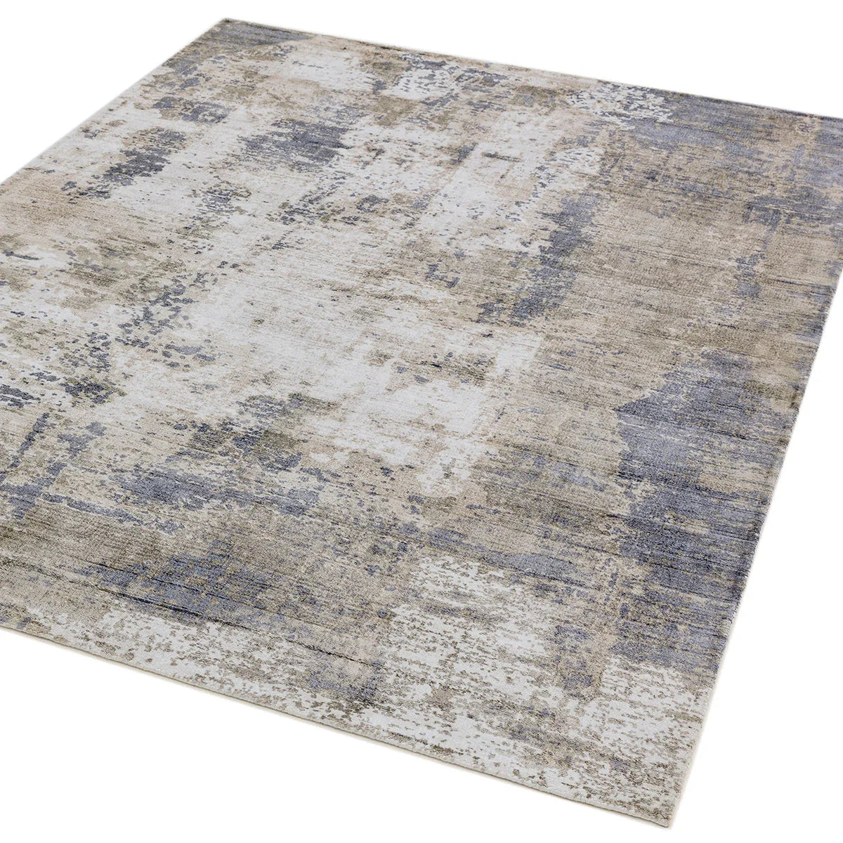 Asiatic Gatsby Cloud Designer Rug featuring abstract distressed pattern in beige, taupe, blue-grey on ivory background, machine-made wool