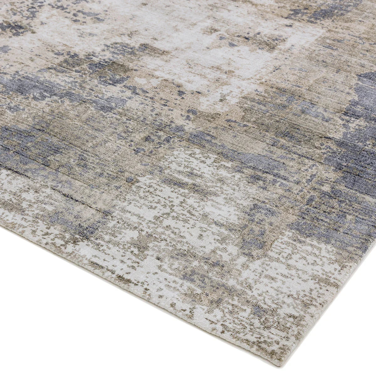 Asiatic Gatsby Cloud Designer Rug featuring abstract distressed pattern in beige, taupe, cream and blue-grey on ivory background, hand-tufted wool