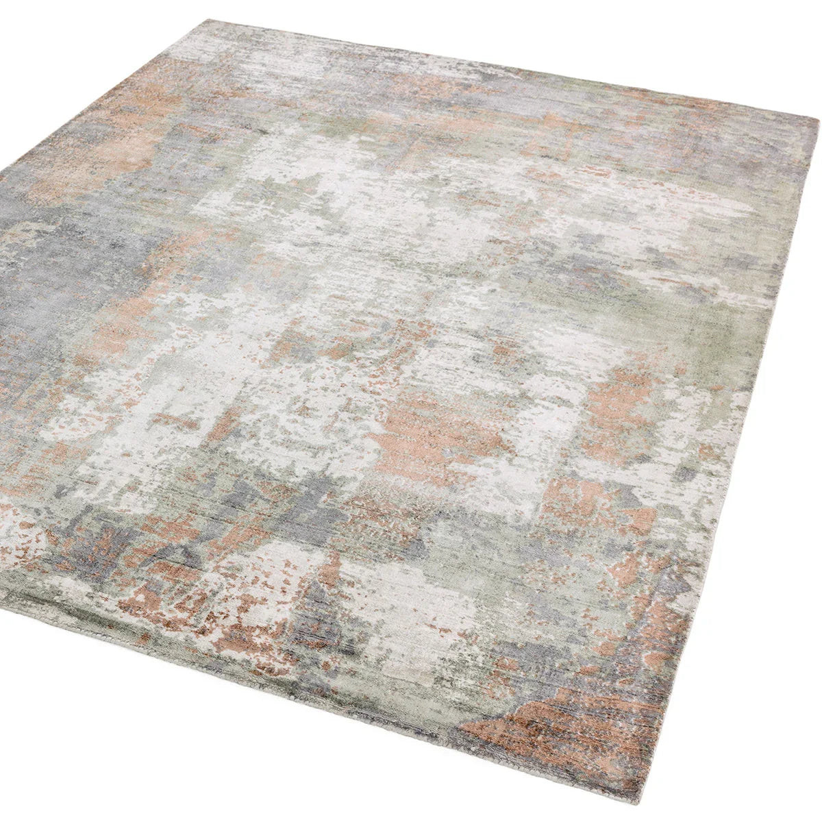 Asiatic Gatsby Coral Rug featuring abstract distressed pattern in coral, peach, sage, ivory on light grey background, hand-tufted wool
