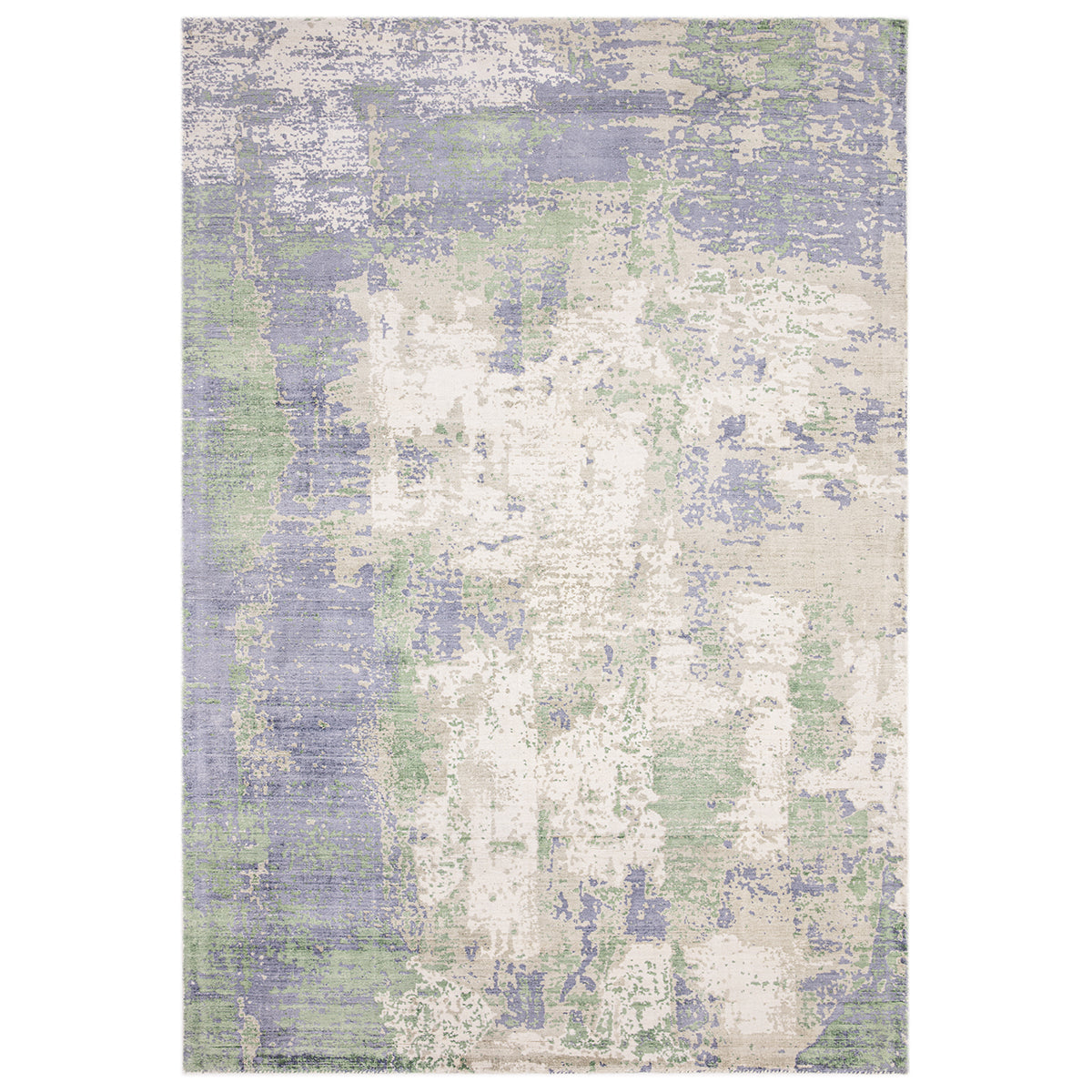 Abstract patterned rug with blue, green, and beige colors on a white background