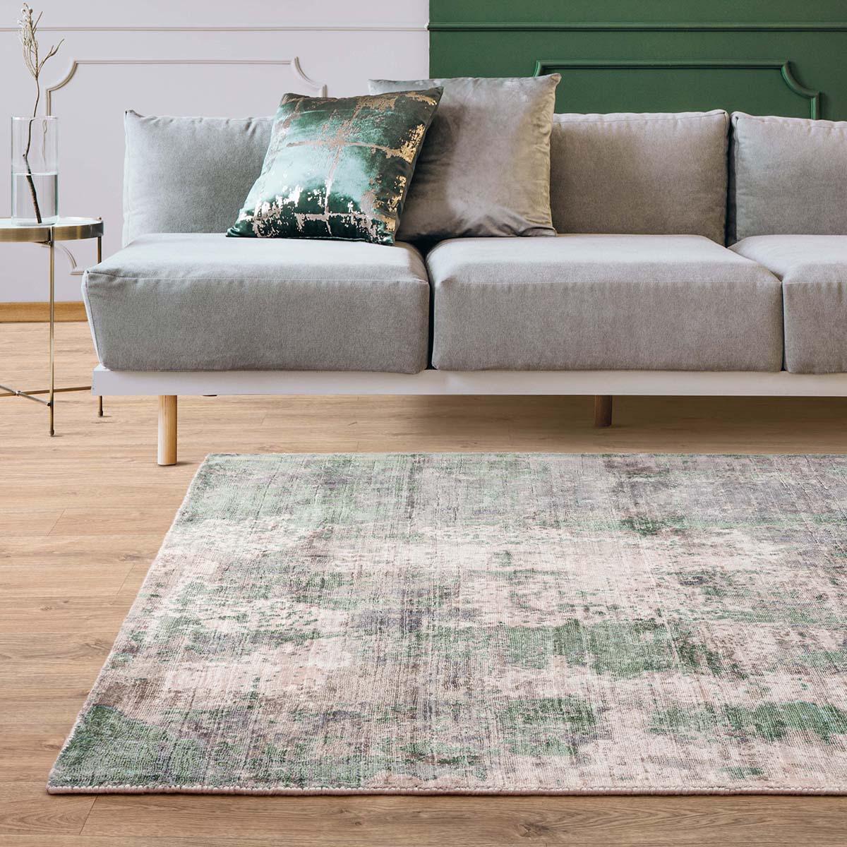 Asiatic Gatsby Green Designer Rug featuring abstract distressed pattern in emerald, sage green and beige on beige background, machine-woven wool