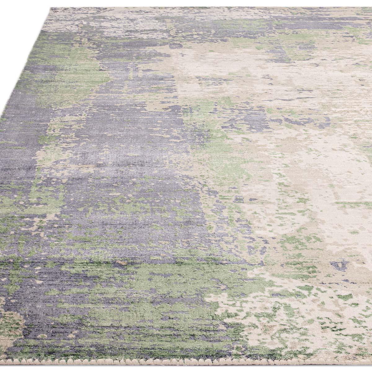Asiatic Gatsby Green Designer Rug featuring abstract distressed pattern in sage green, lavender and beige on cream, hand-tufted wool