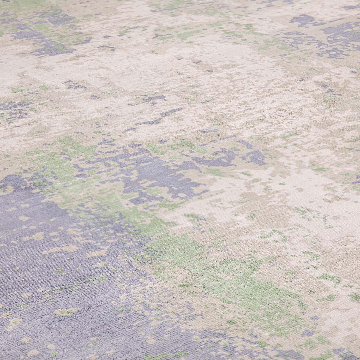 Asiatic Gatsby Green Designer Rug featuring abstract muted blotches in emerald green, sage green, lilac and beige on cream background, hand-tufted wool