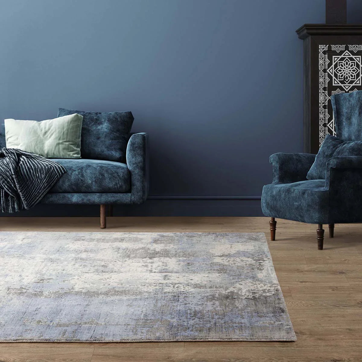 Asiatic Gatsby Navy Designer Rug featuring abstract distressed gradient in navy, steel blue, grey on light beige, hand-tufted wool