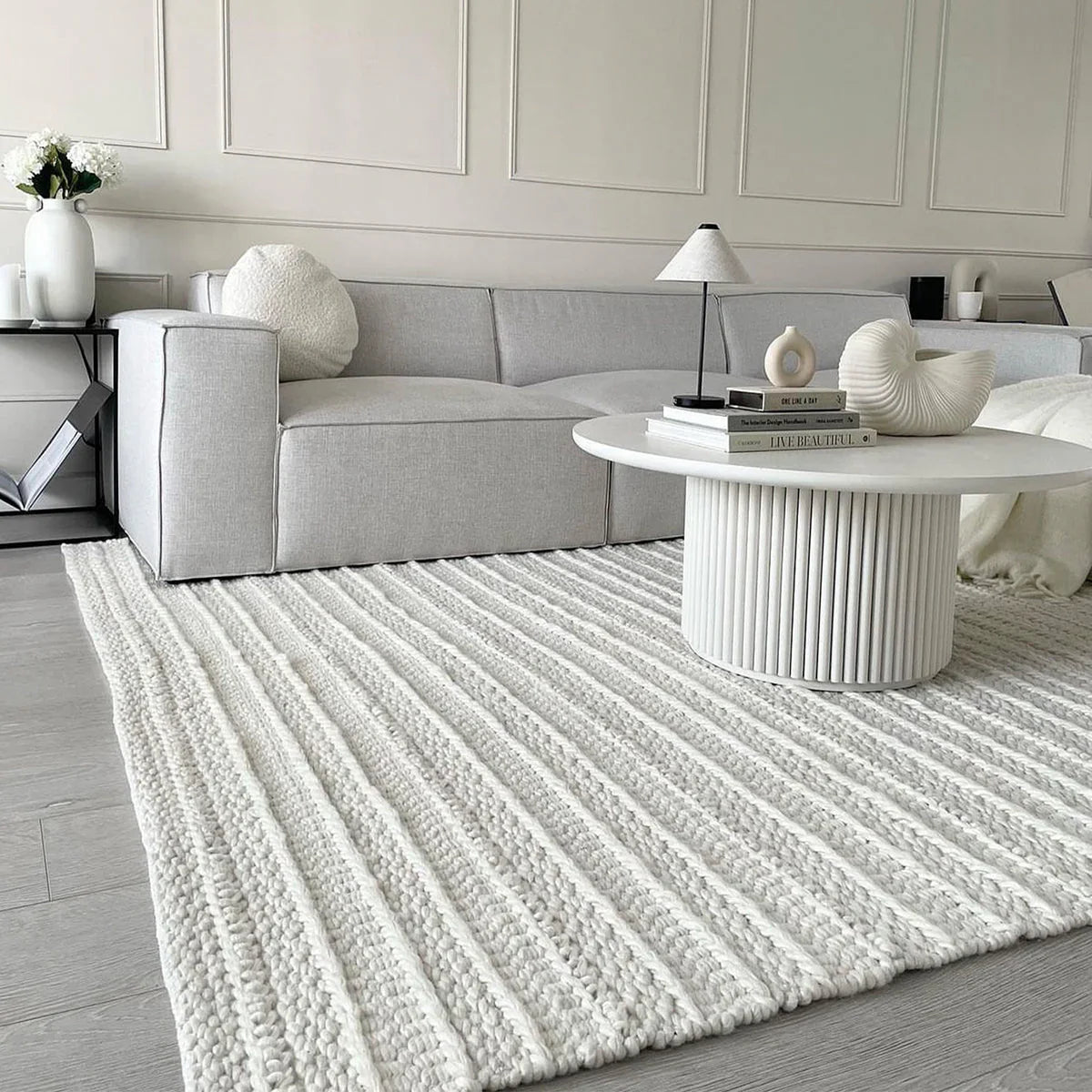 Asiatic Grayson Cream Designer Rug with textured stripe pattern in cream, ivory and grey on ivory background, hand-tufted wool