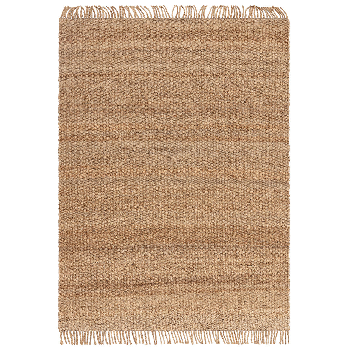 Beige woven rug with fringes on a white background