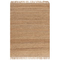 Beige woven rug with fringes on a white background