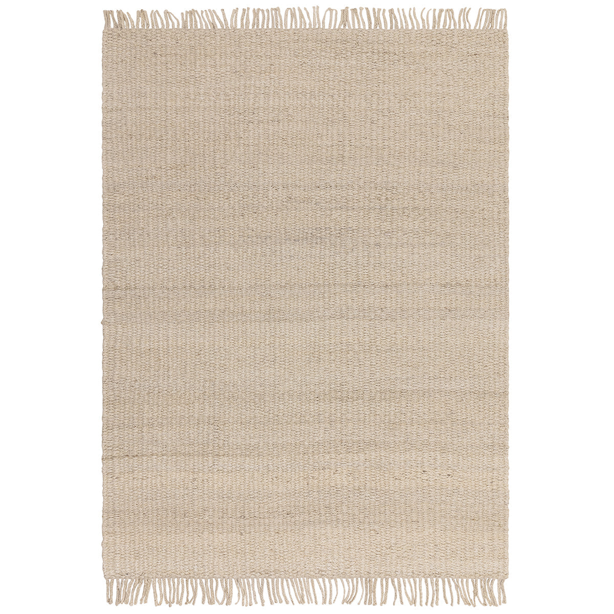 Beige woven rug with fringes on a white background