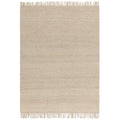 Beige woven rug with fringes on a white background