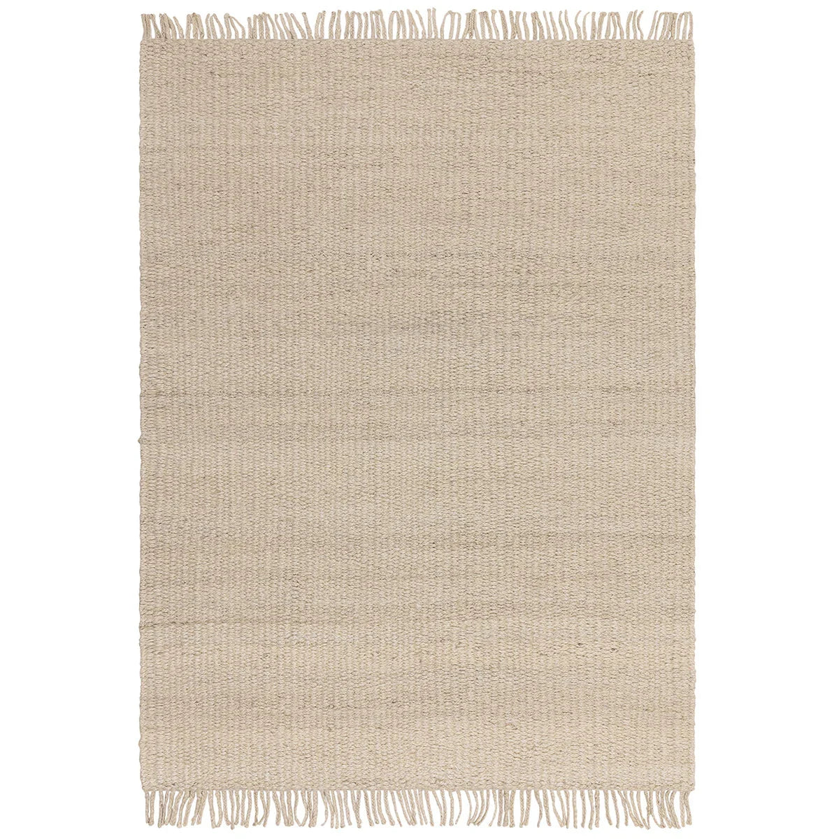 Beige woven rug with fringes on a white background