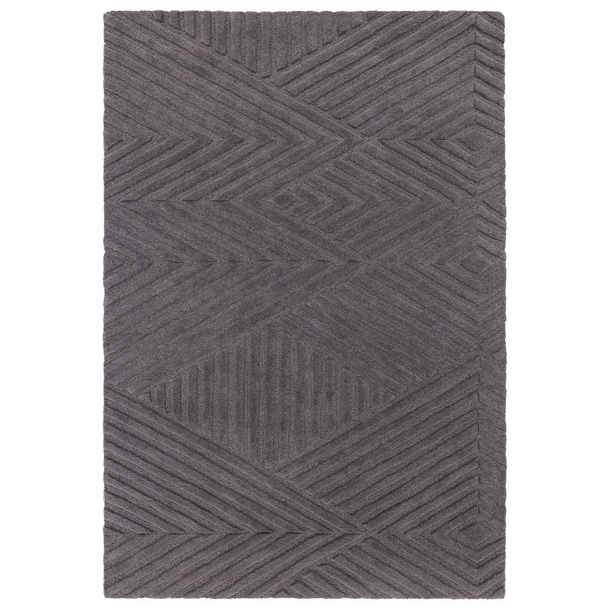 Gray geometric patterned rug on a white background