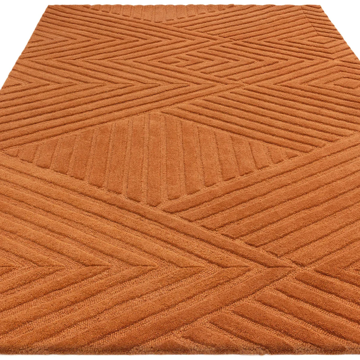 Asiatic Hague Desert Designer Rug featuring chevron pattern in burnt orange, terracotta and brick on warm orange, hand-tufted wool