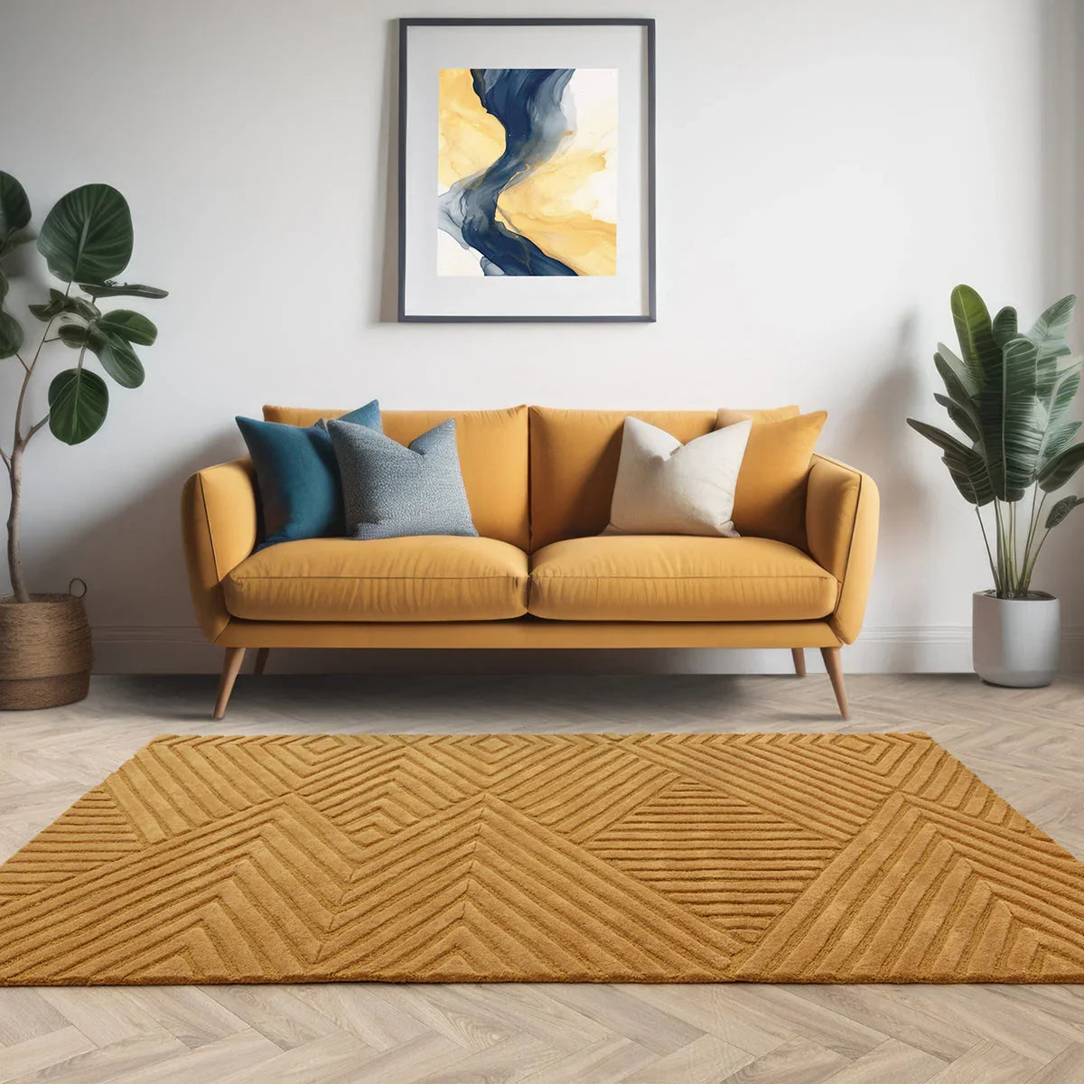 Yellow sofa with colorful cushions in a living room setting with a framed abstract painting on the wall.