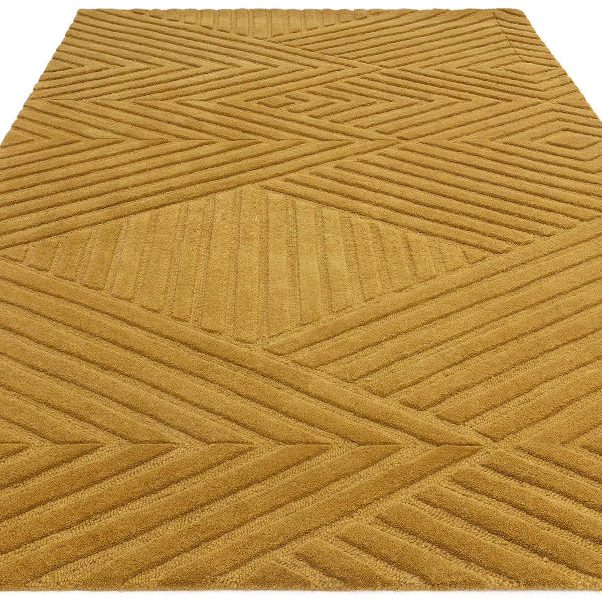 Asiatic Hague Ochre Designer Rug featuring geometric chevron pattern in ochre, cinnamon on ochre background, hand-tufted wool