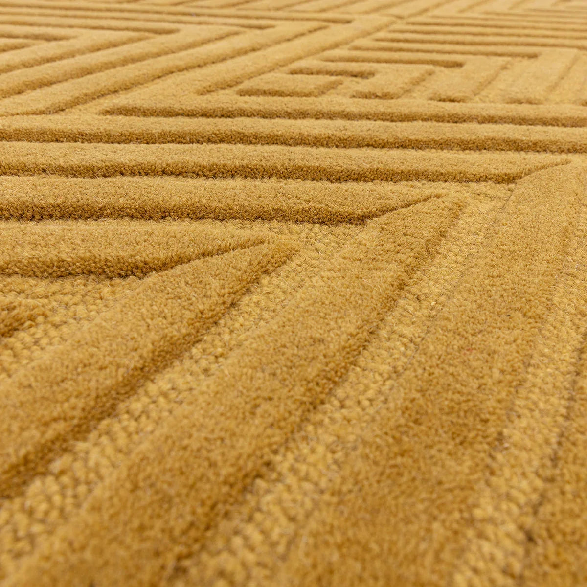 Asiatic Hague Ochre Designer Rug featuring geometric ribbed pattern in ochre and gold on warm ochre background, hand-tufted wool