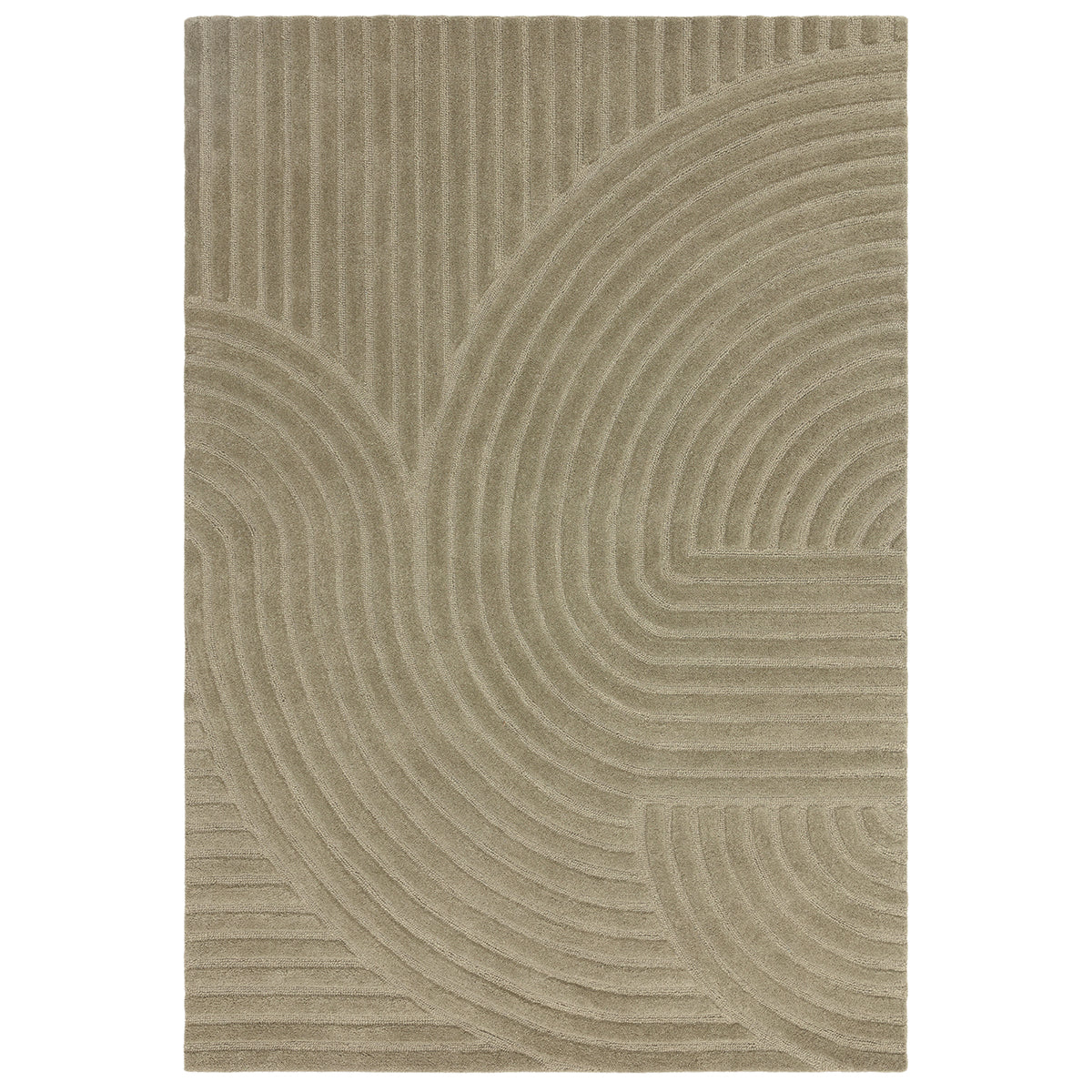 Beige area rug with circular pattern on a white background
