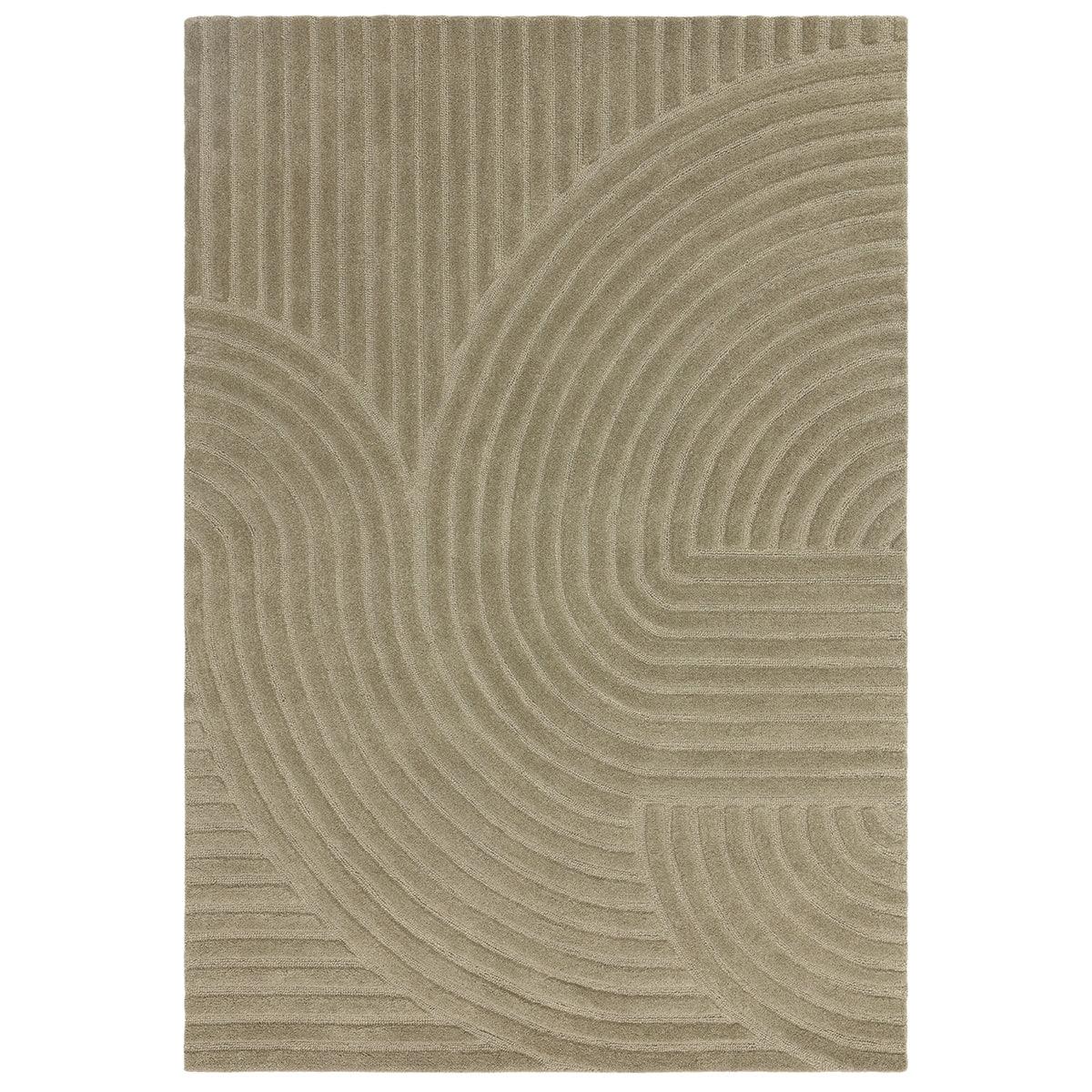 Beige area rug with circular pattern on a white background