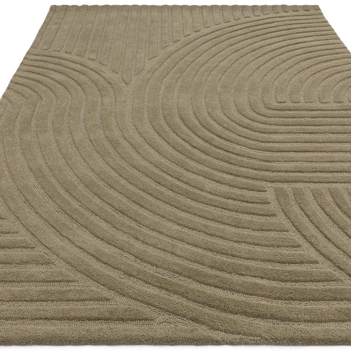 Asiatic Hague Sage Designer Rug featuring circular geometric pattern in sage, beige and tan on taupe background, machine-made wool