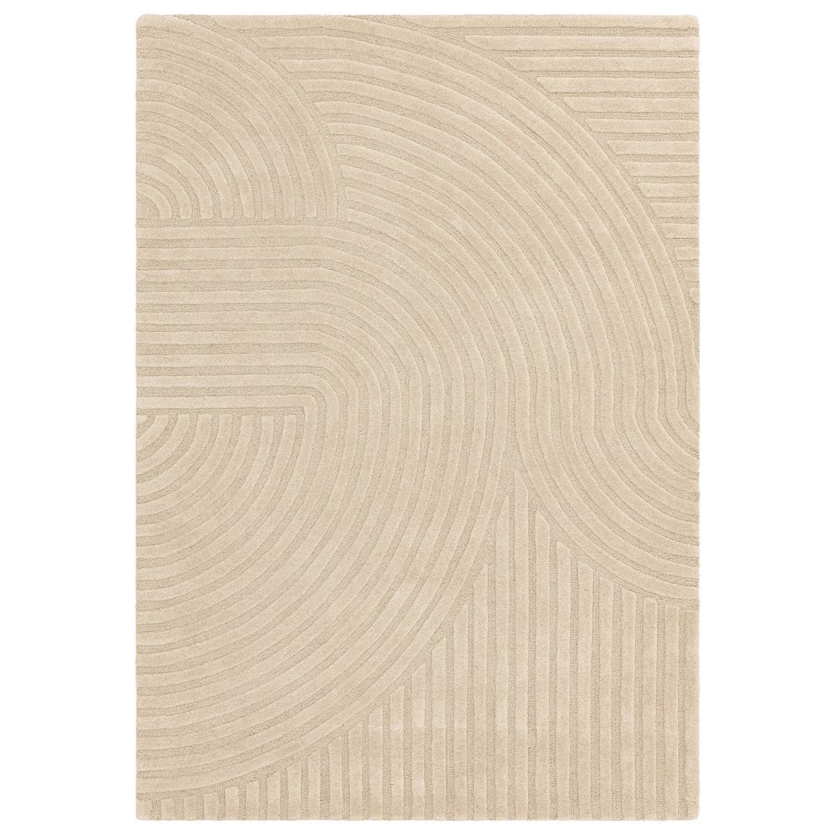 Beige area rug with wavy pattern on a white background