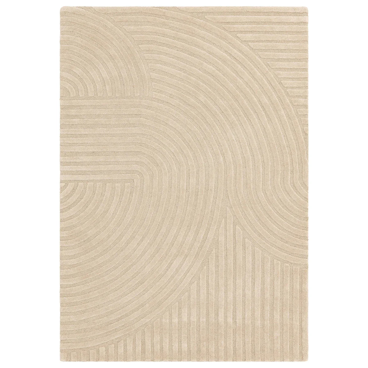 Beige area rug with wavy pattern on a white background