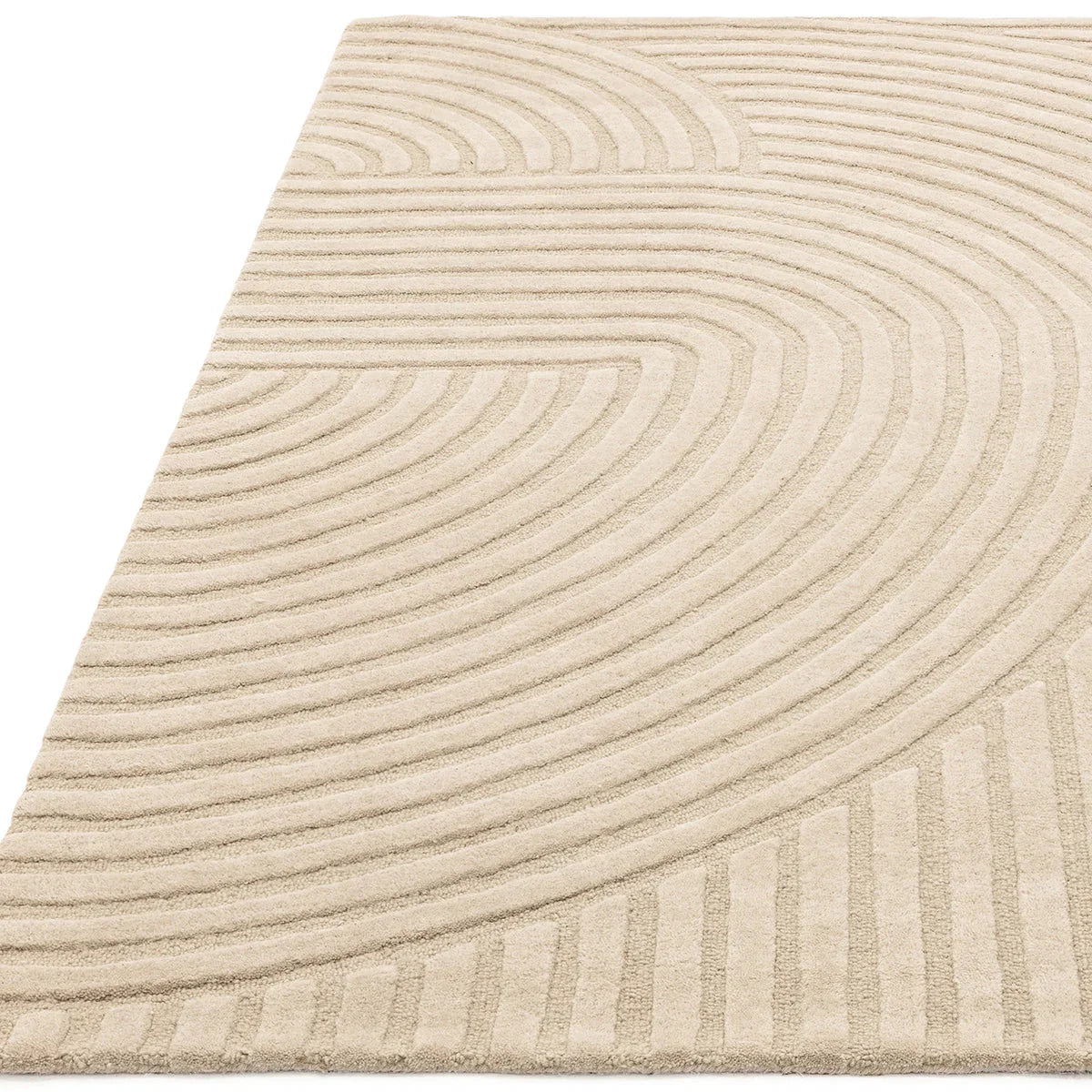 Asiatic Hague Sand Designer Rug featuring circular swirl pattern in sand and cream on light cream background, hand-tufted wool
