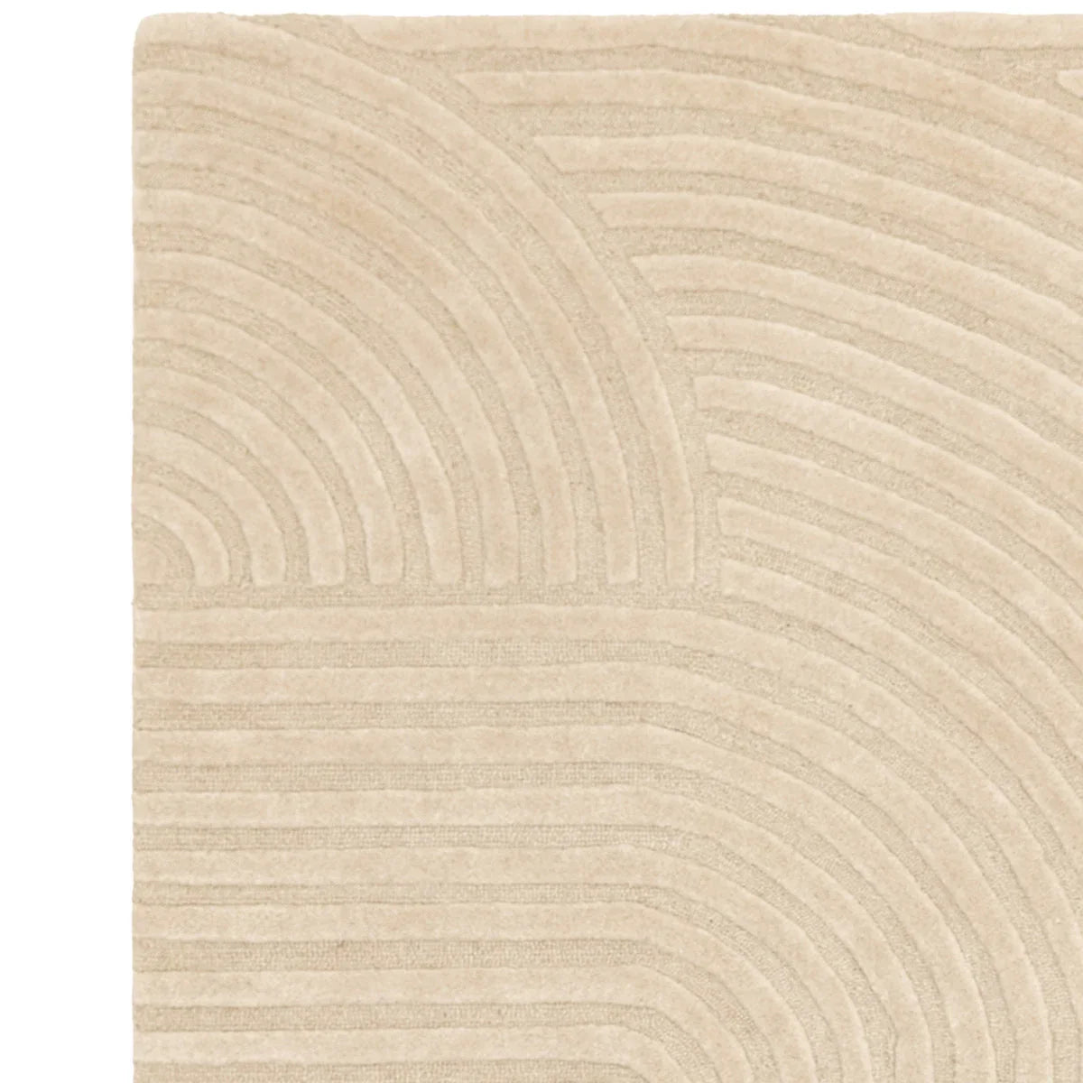 Asiatic Hague Sand rug featuring curved-line geometric pattern in beige, taupe and cream on sand background, construction unspecified