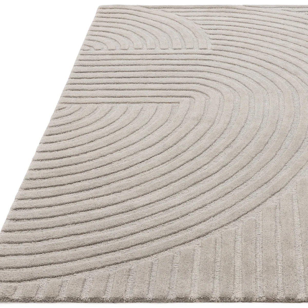 Asiatic Hague Silver Rug featuring concentric swirl pattern in silver, beige and taupe on light beige background, hand-tufted wool