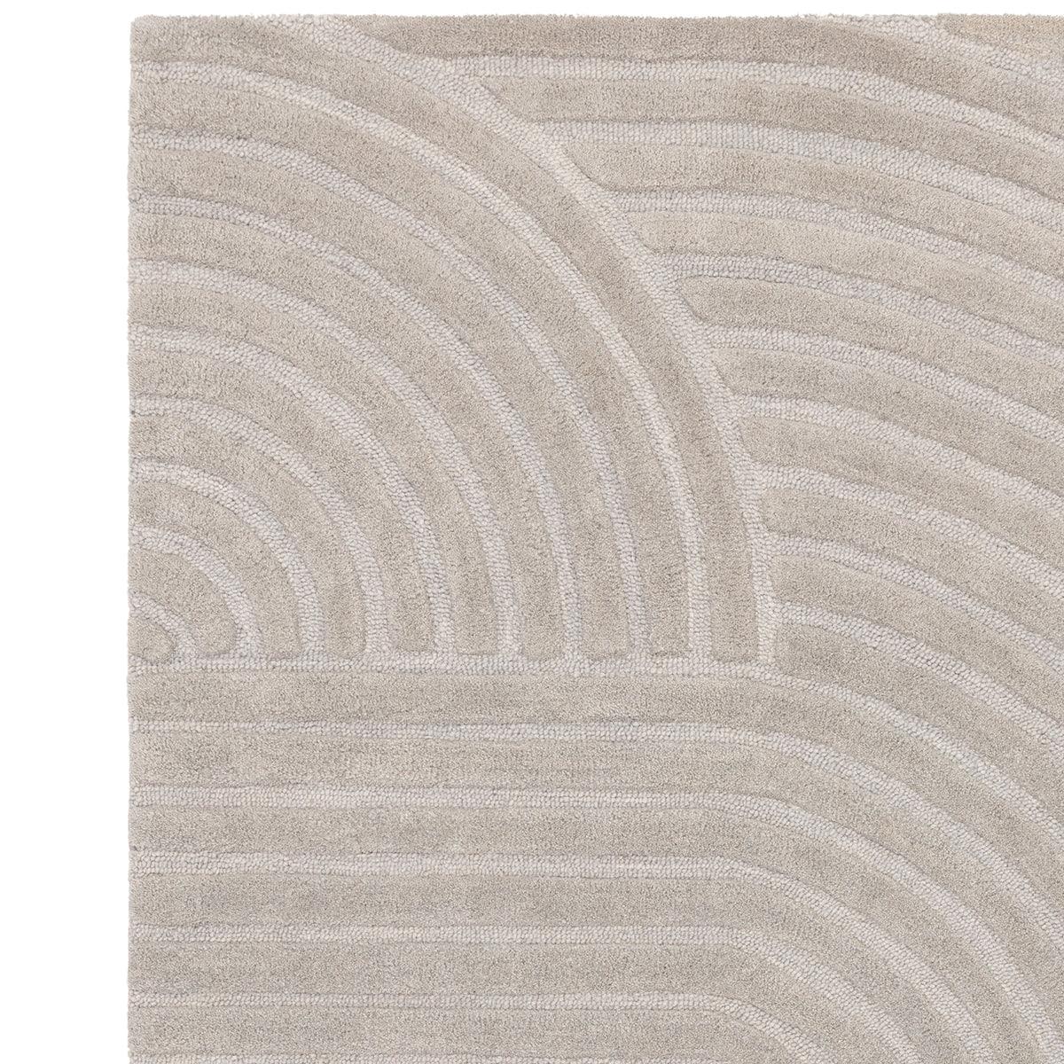 Asiatic Hague Silver Designer Rug featuring abstract wave pattern in silver, taupe and cream on light beige, hand-tufted wool