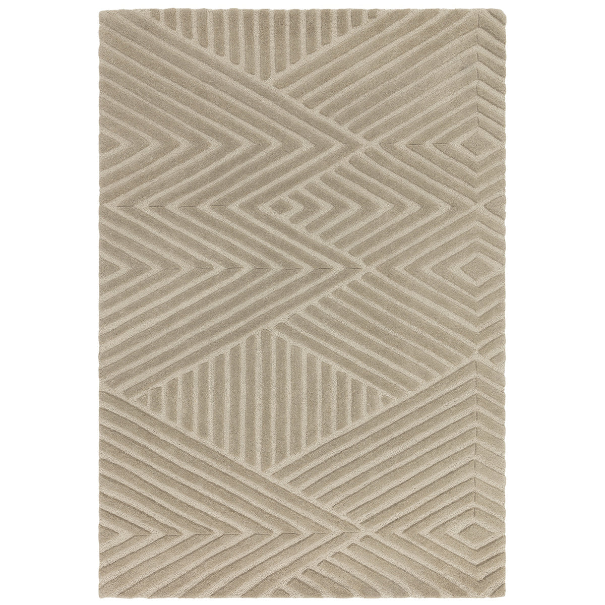Beige area rug with geometric pattern on a white background