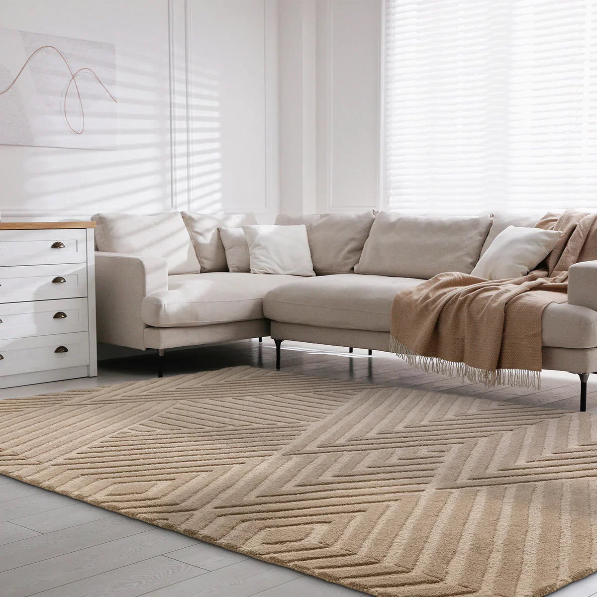 Asiatic Hague Taupe Designer Rug featuring geometric chevron pattern in taupe and beige on cream background, hand-tufted wool