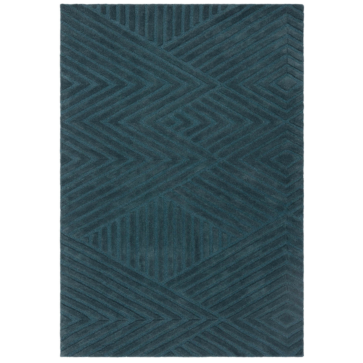 Teal rug with geometric pattern on a white background