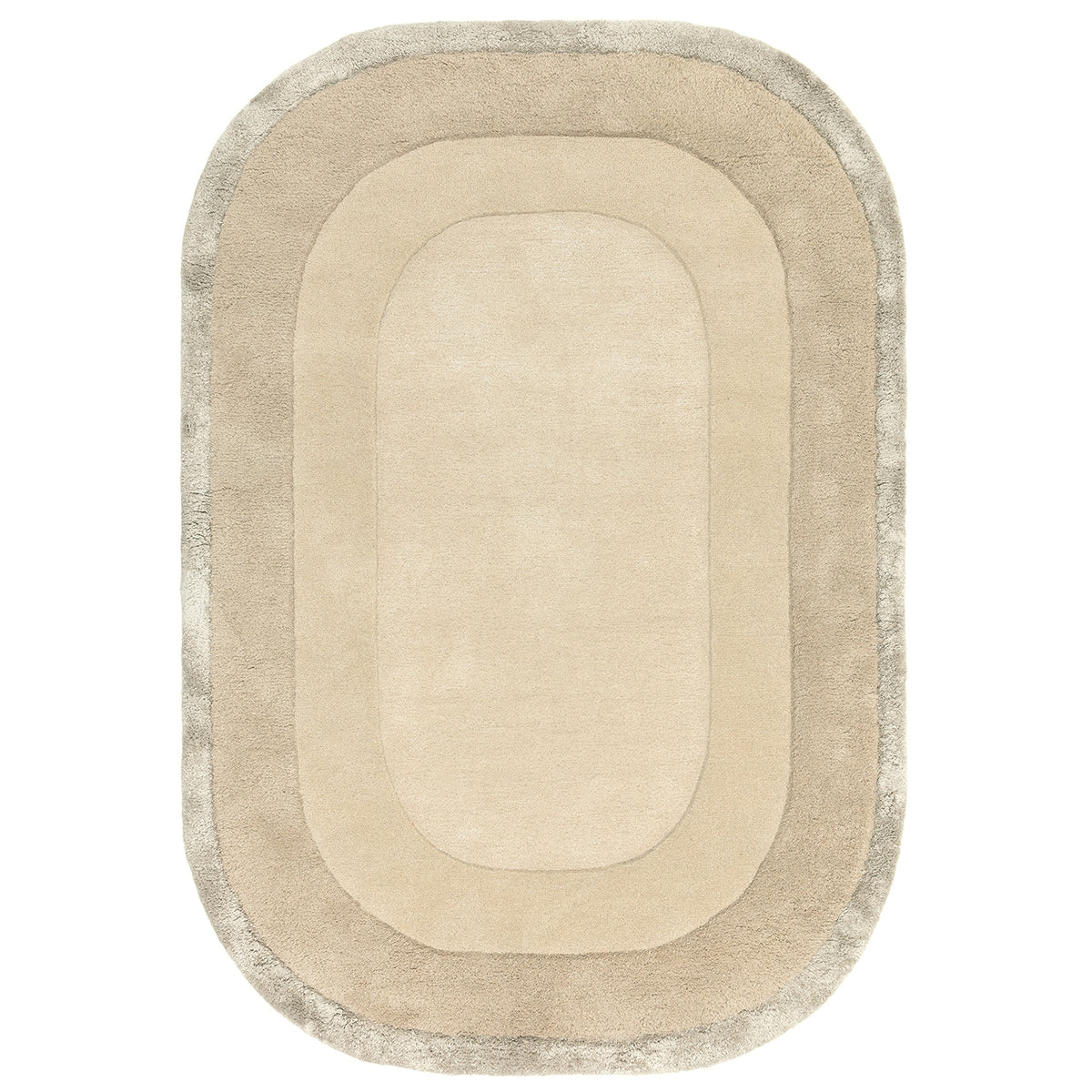 Beige oval rug with a textured border on a white background