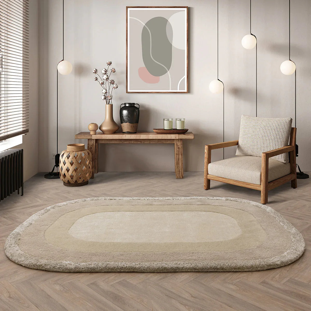 Living room with a rug, chair, and wall art