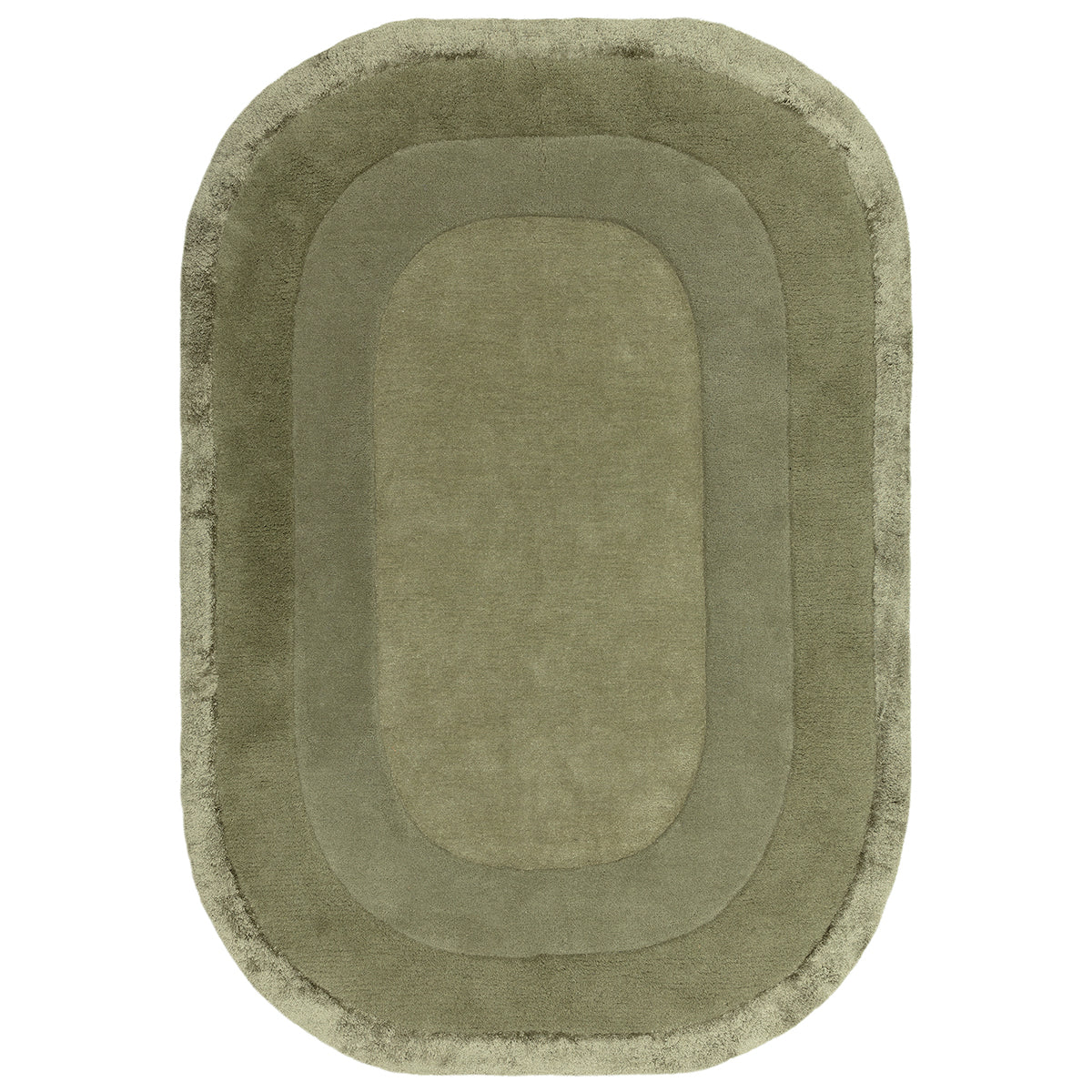 Oval green rug with a textured pattern on a white background