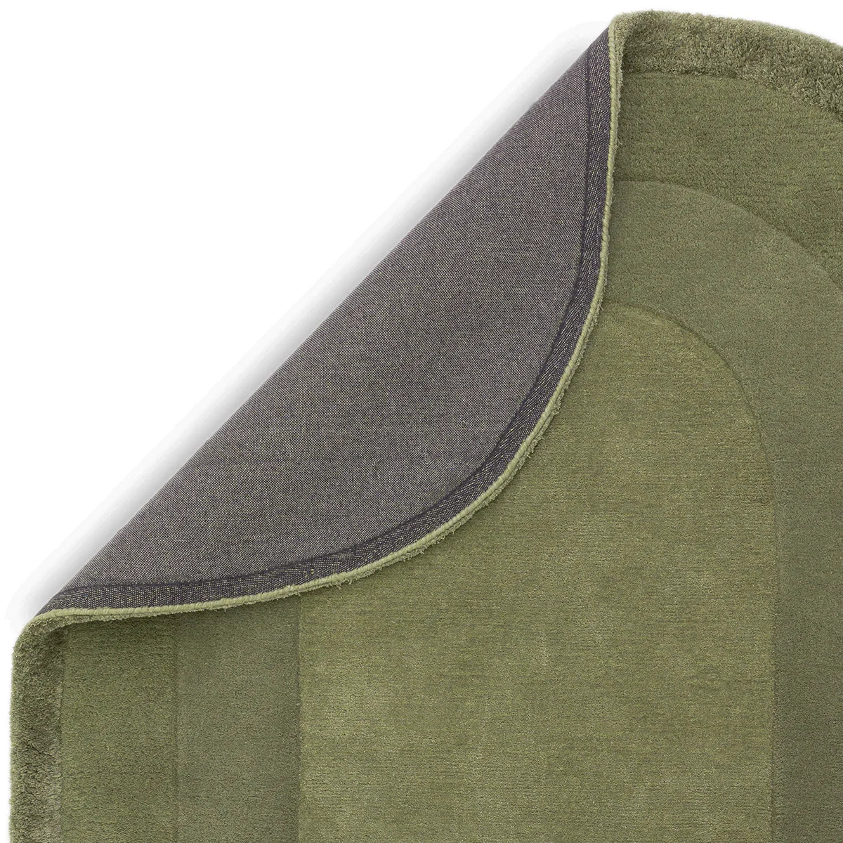 Asiatic Halo Sage Designer Oval Rug featuring quilted arc pattern in sage green and olive on light grey backing, hand-tufted wool