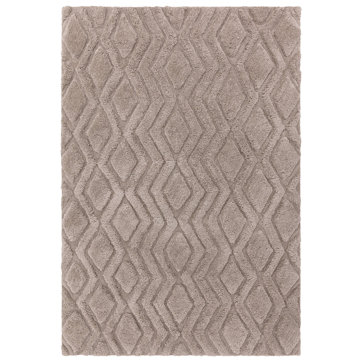 Beige area rug with geometric pattern on a white background
