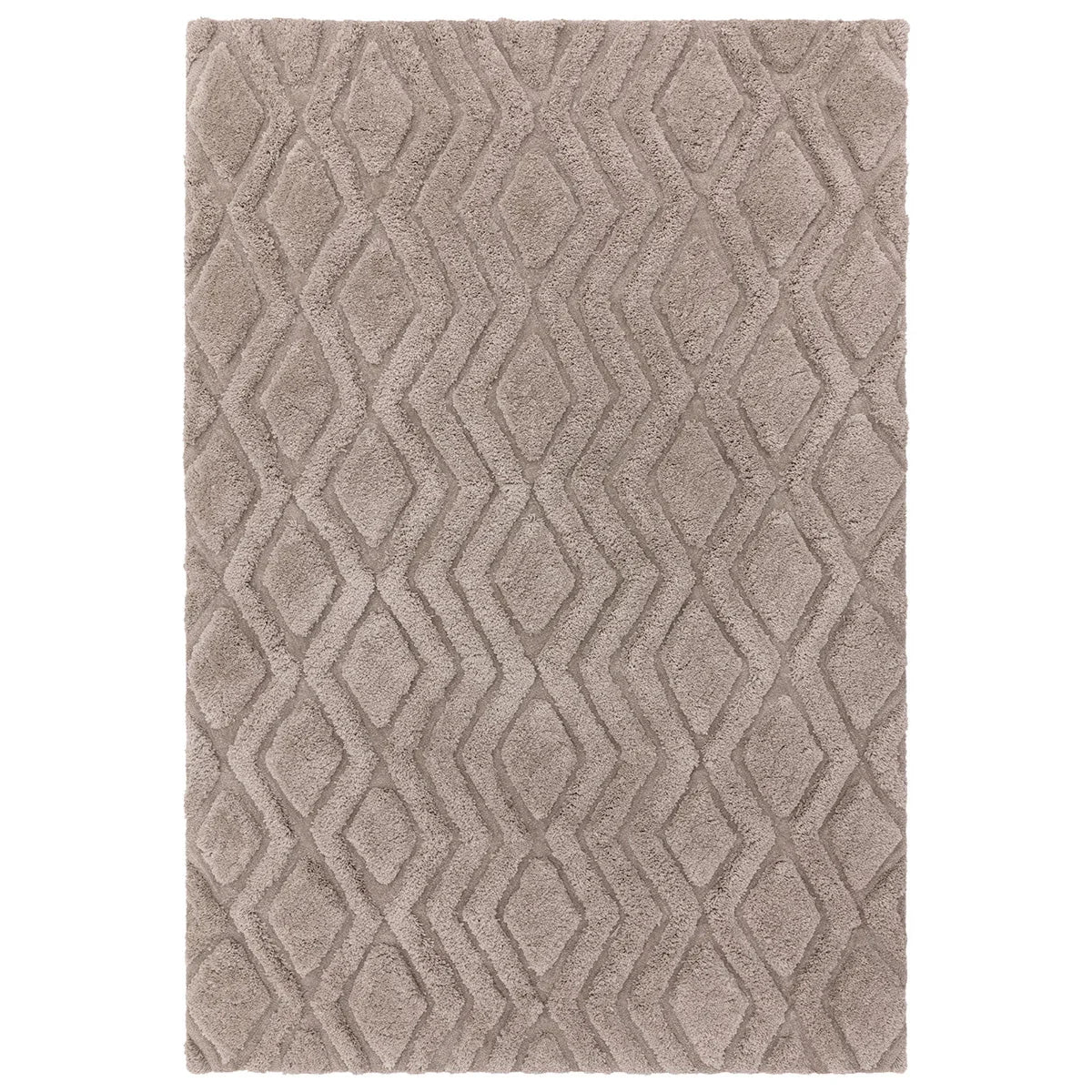 Beige area rug with geometric pattern on a white background