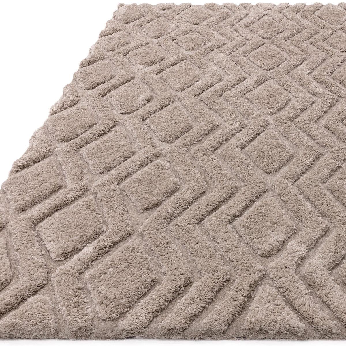 Asiatic Harrison Greige Designer Rug featuring geometric lattice pattern in greige and beige on beige background, hand-tufted wool