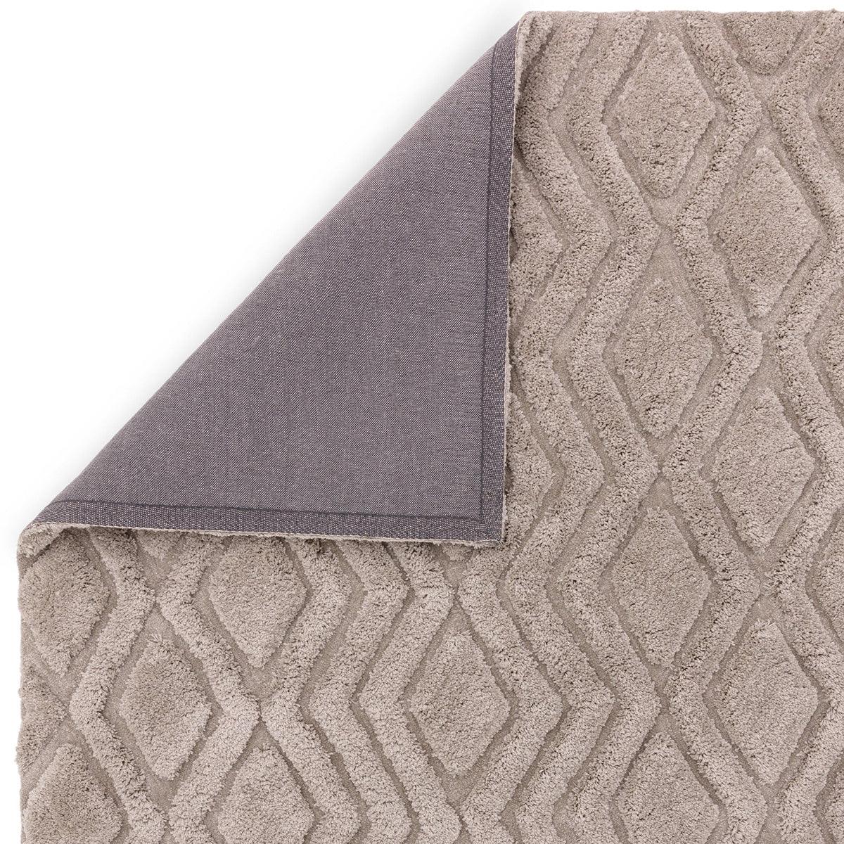 Asiatic Harrison Greige Rug featuring geometric diamond pattern in greige and cream on beige background, hand-tufted wool