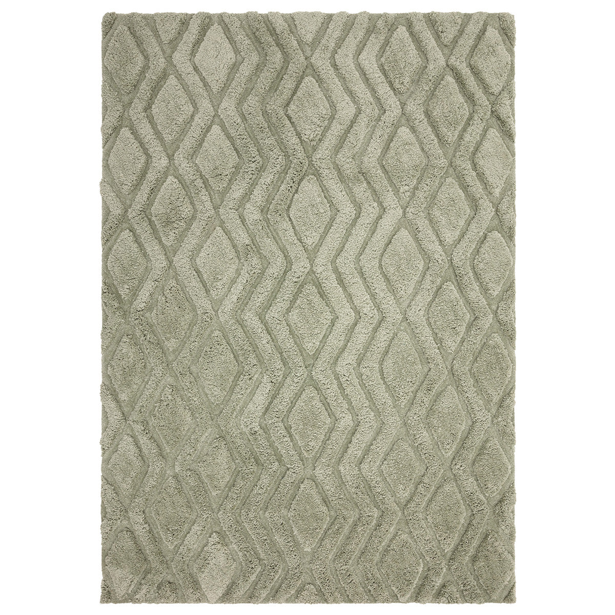 Green geometric patterned rug on a white background