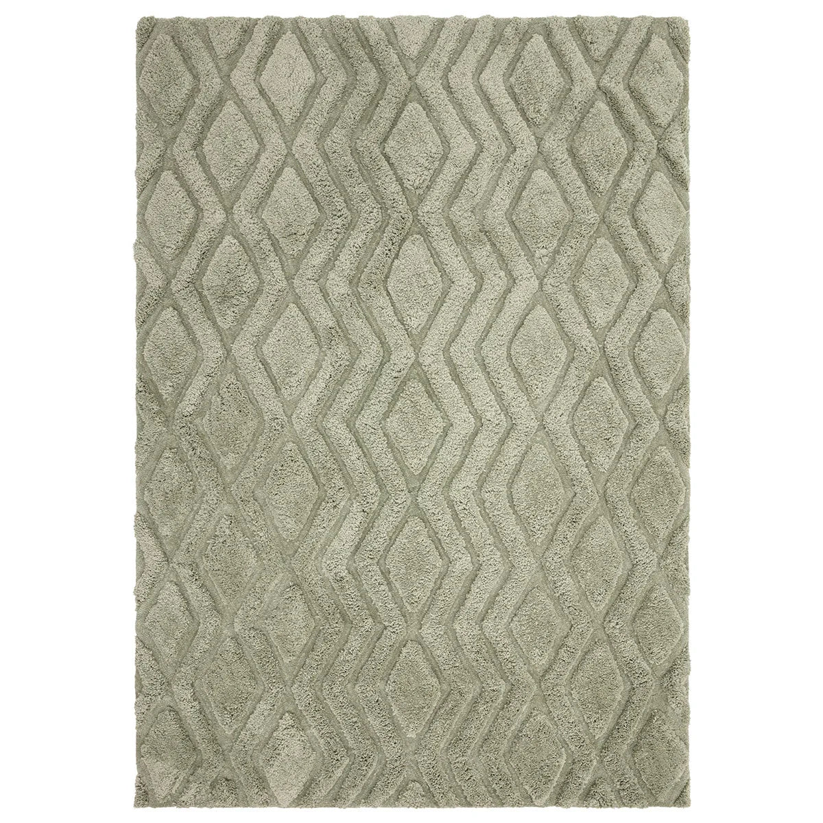 Green geometric patterned rug on a white background