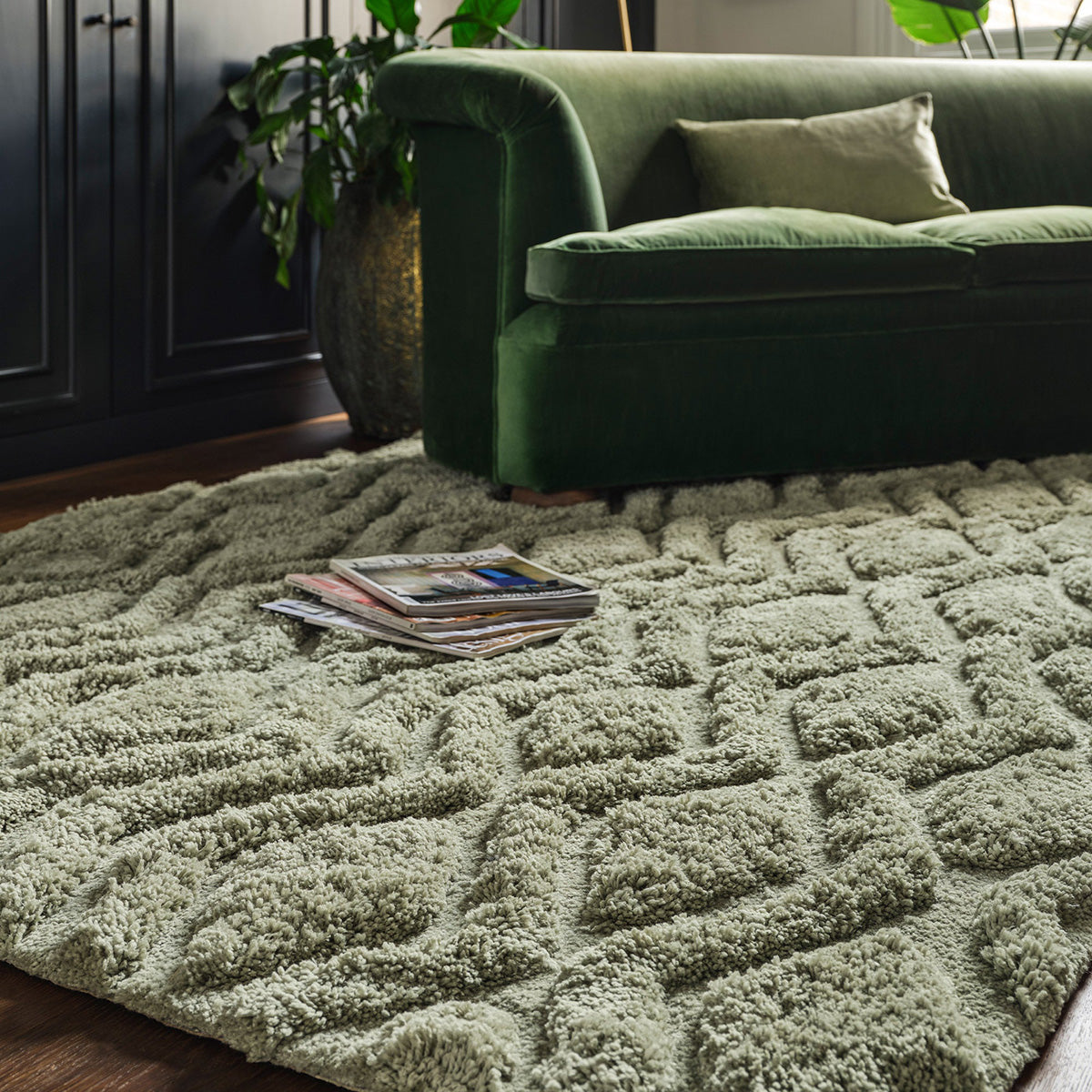 Green textured rug with a pattern in a living room setting.