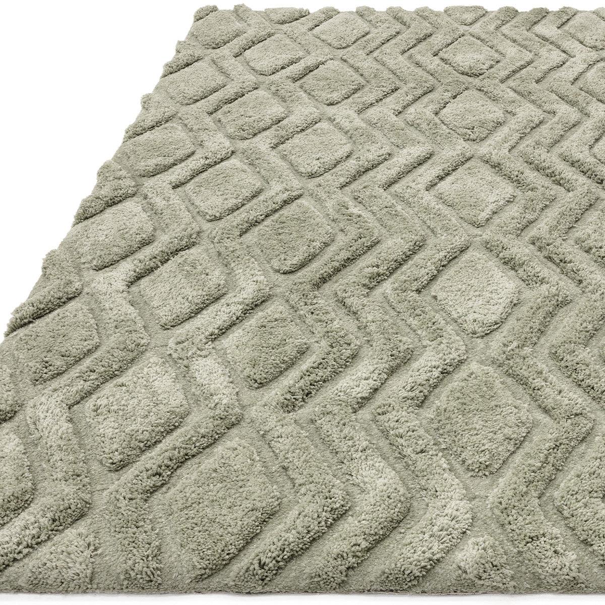 Asiatic Harrison Sage Designer Rug featuring geometric square pattern in sage and cream on light beige, hand-tufted wool