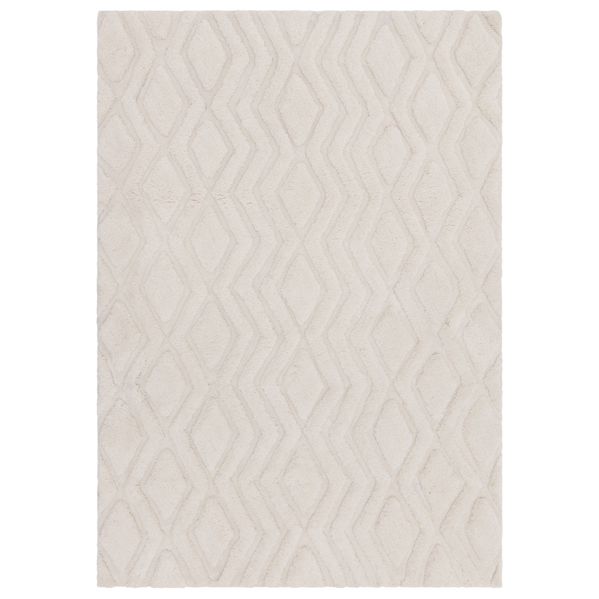 Beige area rug with a geometric pattern on a white background