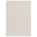 Beige area rug with a geometric pattern on a white background