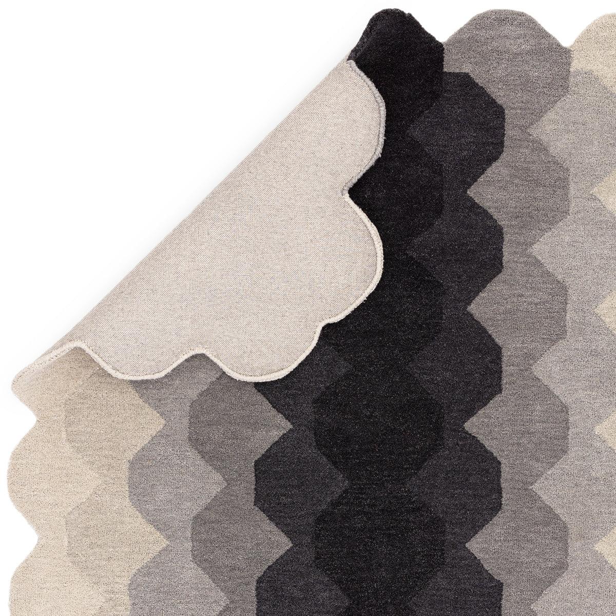 Asiatic Hive Charcoal Runner with hex pattern in charcoal, grey and beige on white background, machine-made wool